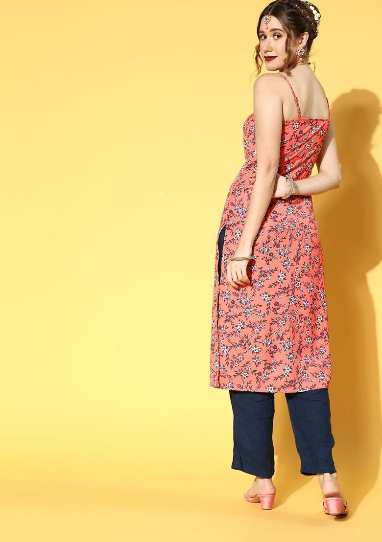 Peach Polyester Kurtas - Indya