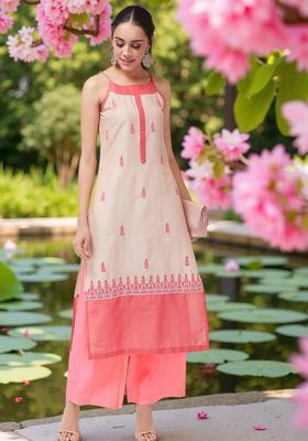 Beige Embroidered Kurtas