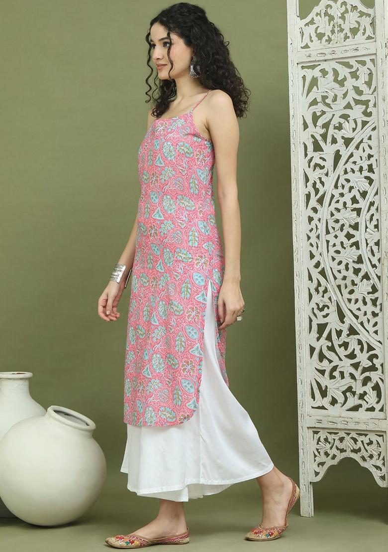 Pink Floral Print Kurtas - Indya