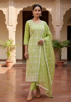 Green Embroidered Cotton Salwar Kameez