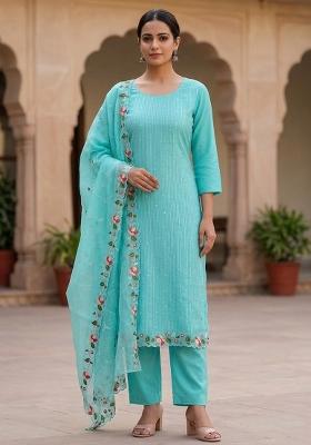 Turquoise Blue Embellished Georgette Salwar Kameez
