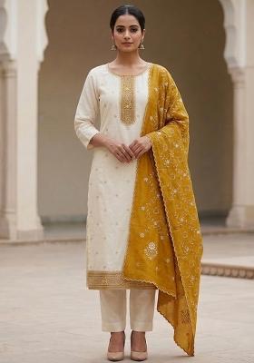 Off White Embroidered Silk Salwar Kameez