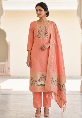 Peach Embroidered Silk Salwar Kameez