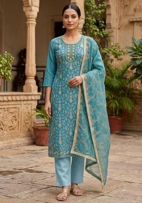 Turquoise Blue Embellished Silk Salwar Kameez