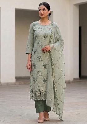 Off White Embroidered Cotton Salwar Kameez