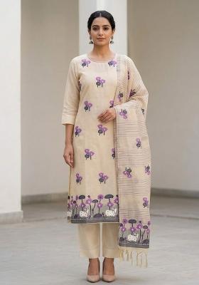 Cream Embroidered Cotton Salwar Kameez