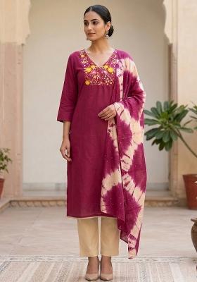 Maroon Embroidered Cotton Salwar Kameez