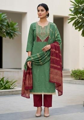Green Embroidered Cotton Salwar Kameez