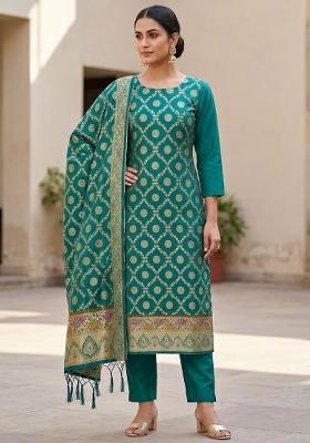 Teal Embroidered Silk Salwar Kameez