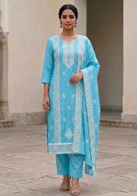 Turquoise Blue Embroidered Cotton Salwar Kameez