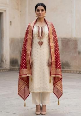 Off White Embroidered Silk Salwar Kameez