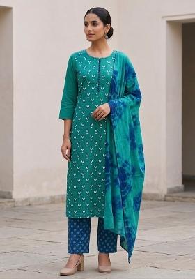 Green Printed Cotton Salwar Kameez