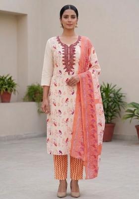 Off White Embroidered Cotton Salwar Kameez