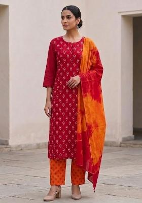 Red Printed Cotton Salwar Kameez