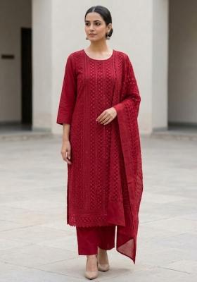 Red Embroidered Net Salwar Kameez