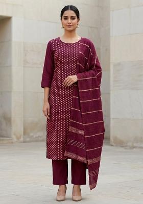 Maroon Printed Silk Salwar Kameez