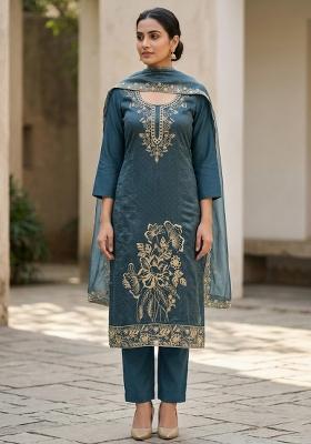 Teal Embroidered Silk Salwar Kameez