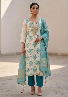 Off White Printed Silk Salwar Kameez