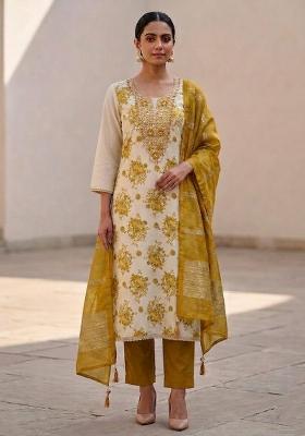 Off White Printed Silk Salwar Kameez