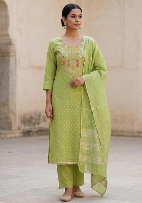 Green Embroidered Cotton Salwar Kameez