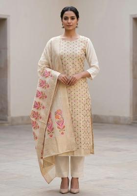 Off White Embroidered Silk Salwar Kameez