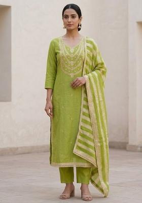 Lime Green Embroidered Silk Salwar Kameez