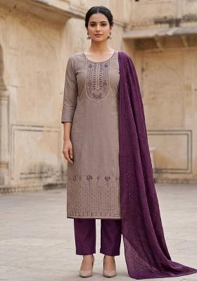 Brown Embroidered Cotton Salwar Kameez