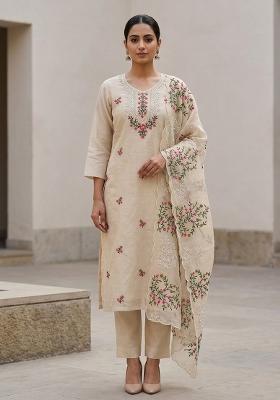 Off White Embroidered Silk Salwar Kameez
