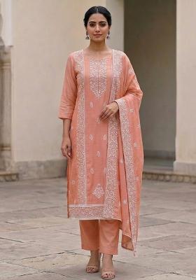 Peach Embroidered Silk Salwar Kameez