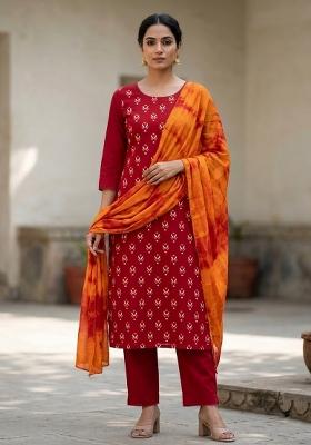 Red Printed Cotton Salwar Kameez