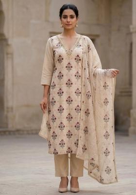 Off White Printed Cotton Salwar Kameez