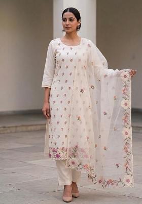 Off White Embroidered Cotton Salwar Kameez