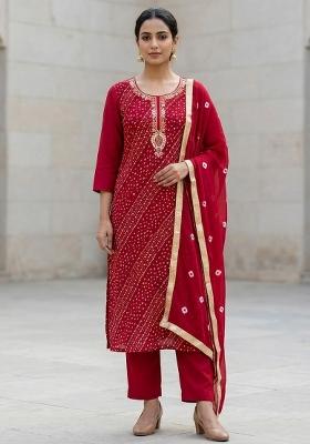 Red Embroidered Cotton Salwar Kameez