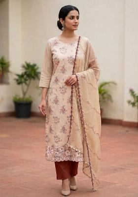 Beige Embroidered Georgette Salwar Kameez