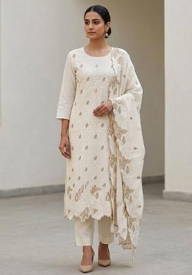 Off White Embroidered Silk Salwar Kameez