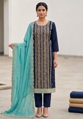 Navy Blue Embroidered Silk Salwar Kameez