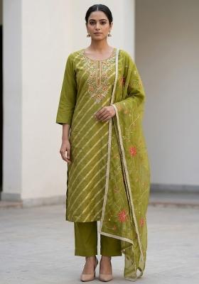 Olive Embroidered Silk Salwar Kameez