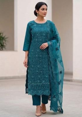 Teal Embroidered Net Salwar Kameez