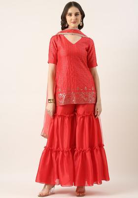 Red Embroidered Chinon Kurta Sets