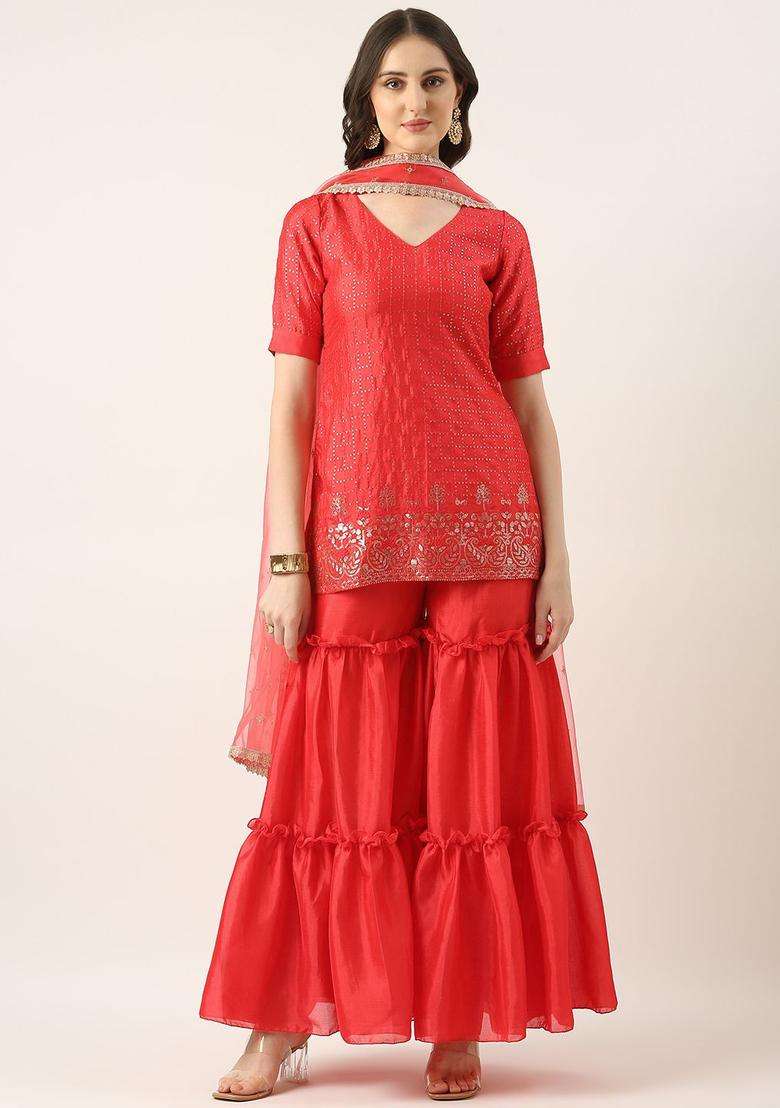Red Embroidered Chinon Kurta Sets - Indya