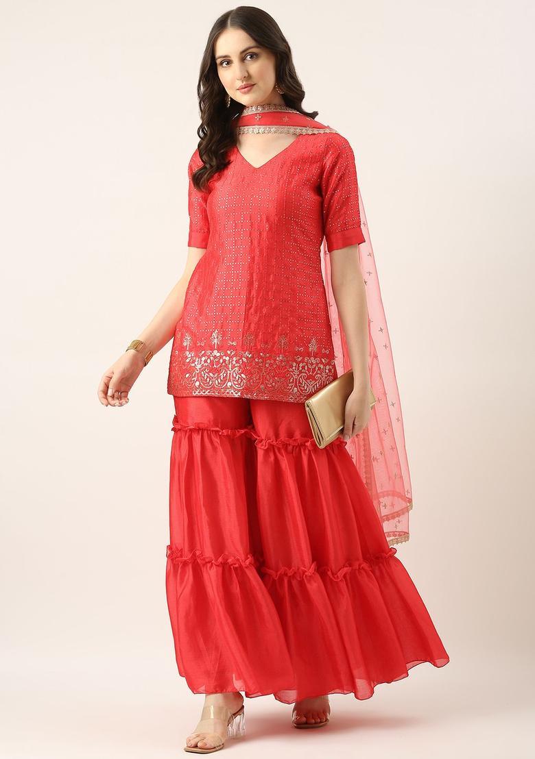 Red Embroidered Chinon Kurta Sets - Indya