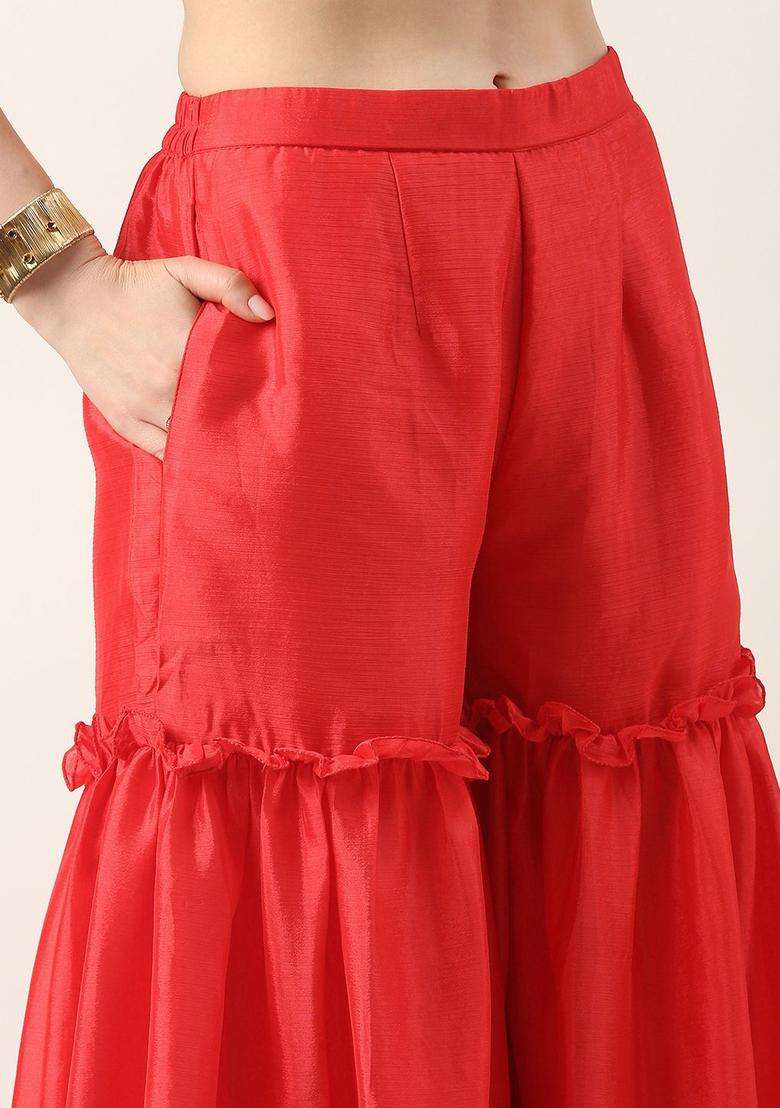 Red Embroidered Chinon Kurta Sets - Indya