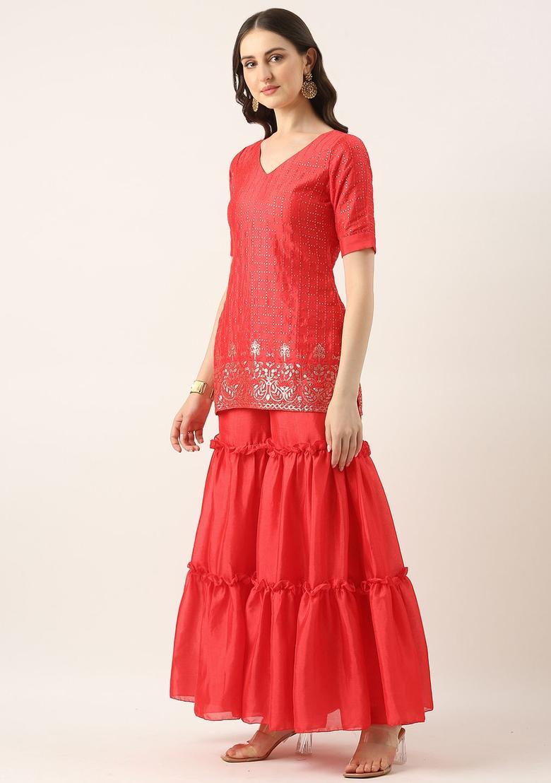 Red Embroidered Chinon Kurta Sets - Indya