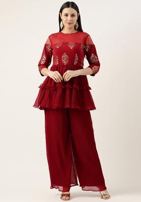 Maroon Embroidered Georgette Kurta Sets