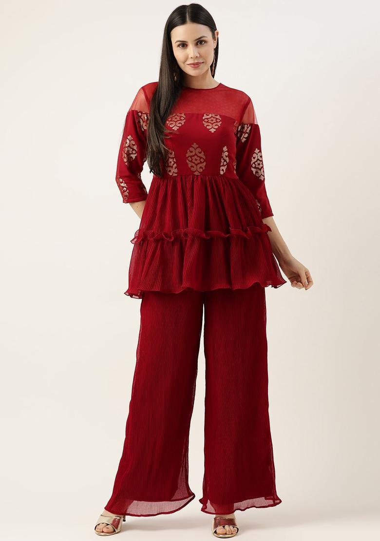 Maroon Embroidered Georgette Kurta Sets - Indya