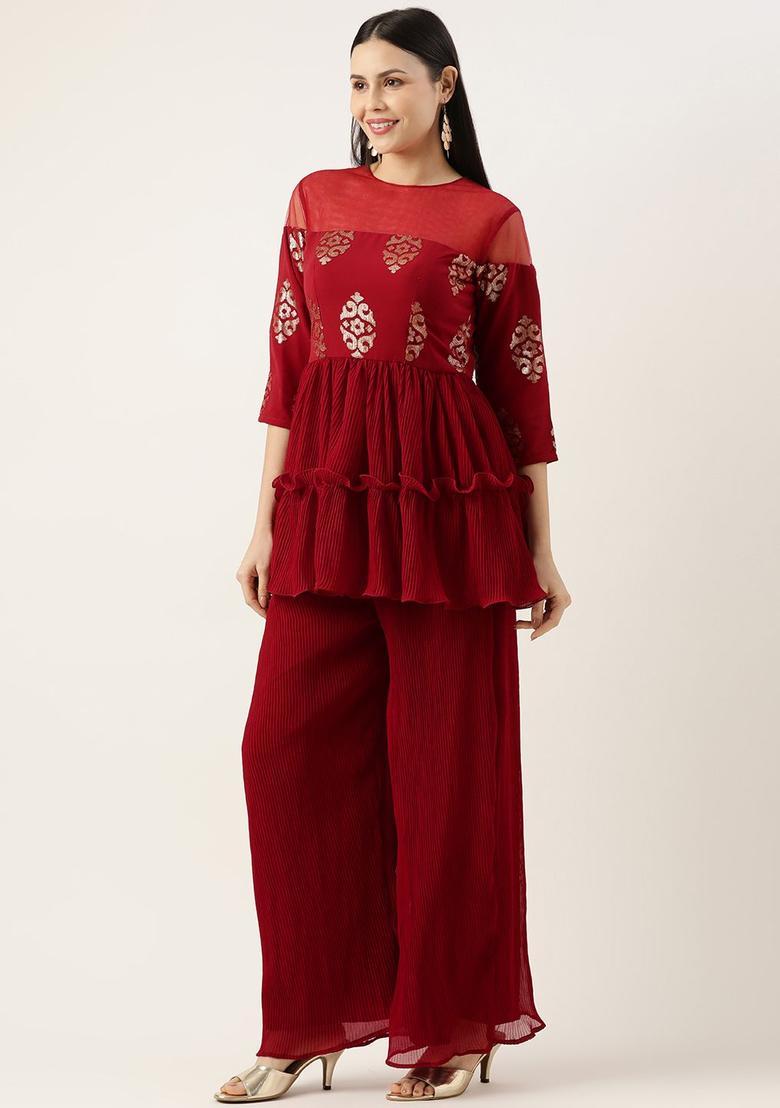 Maroon Embroidered Georgette Kurta Sets - Indya