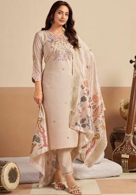 Cream Embroidered Silk Blend Kurta Sets