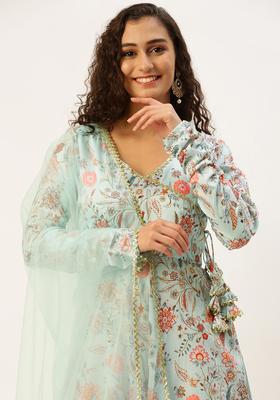 Blue Printed Silk Blend Anarkli Sets