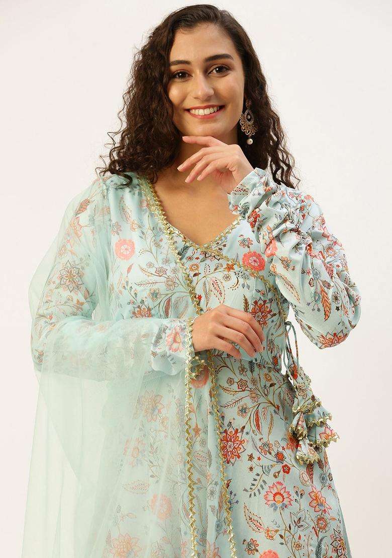 Blue Printed Silk Blend Anarkli Sets - Indya