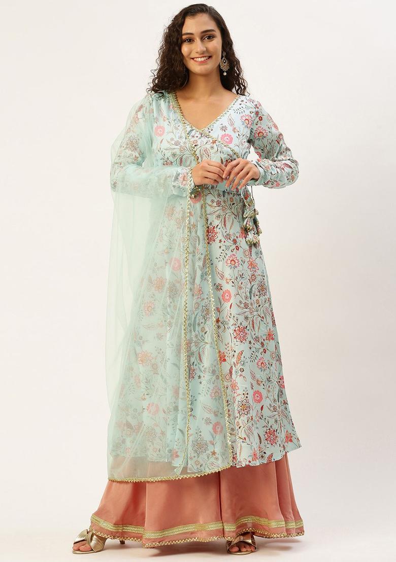 Blue Printed Silk Blend Anarkli Sets - Indya